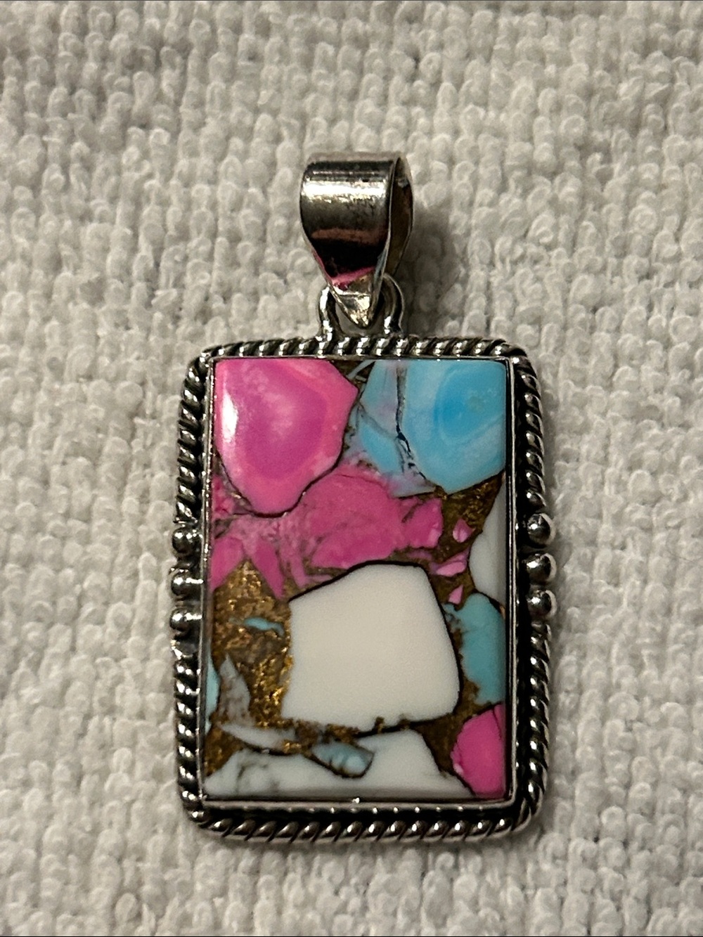 925 Sterling Silver Bubble Gum Turquoise Rectangle Pendant